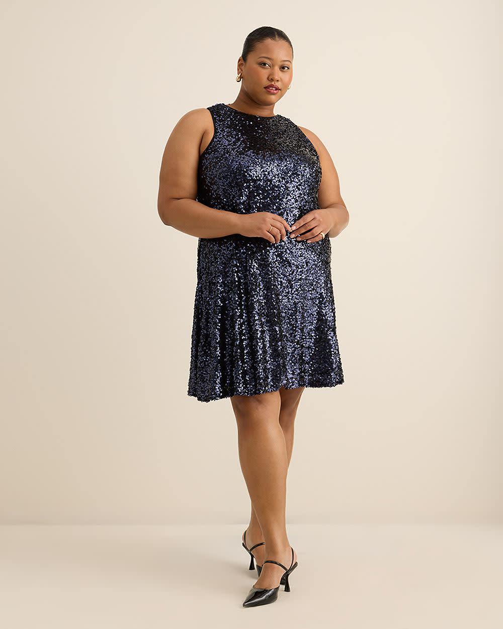 Flared Sequined Sleeveless Dress with Back Bow Flared Sequined Sleeveless Dress with Back Bow