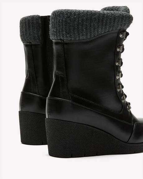 Extra Wide Width, Black Wedge Lace-Up Winter Boot with Knit Collar