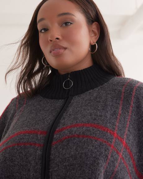 Zip-Front Plaid Cape with Ribbed Collar