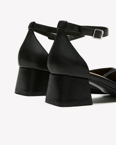Extra Wide Width, Black Pointed Toe Ankle Strap Block Heel Shoe