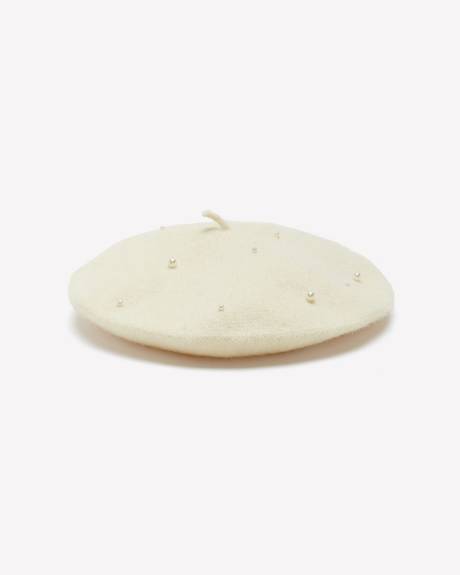 Ivory Wool Beret with Pearls