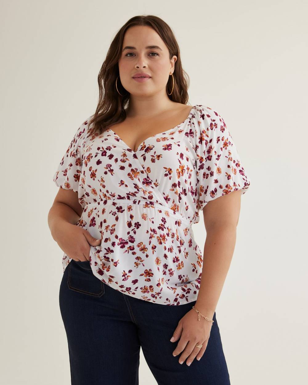 Printed Faux-Wrap Blouse with Balloon Sleeves | Penningtons