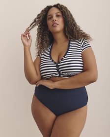 Blue Stripe Cap-Sleeve Longline Bikini Top