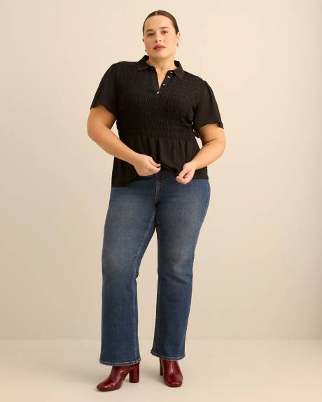 Blouse &agrave; smocks avec col chemise et ourlet &eacute;vas&eacute;, tissu responsable