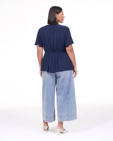 Short-Flutter-Sleeve Blouse with Buttoned V Neckline - Addition Elle