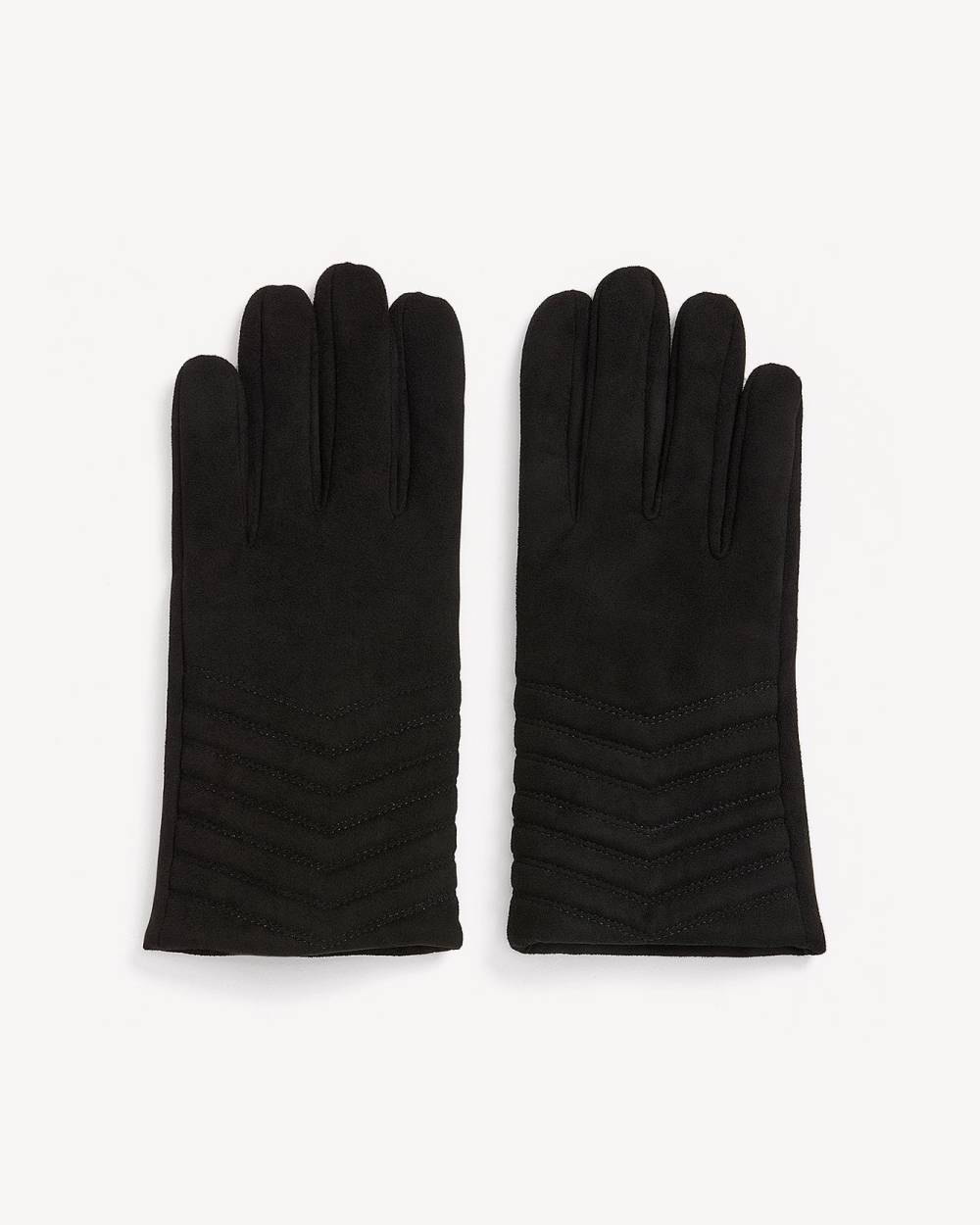 Black Faux Suede V-Stitch Quilted Gloves