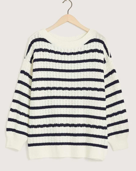 Striped Cotton Boat-Neck Sweater with Cable Pattern