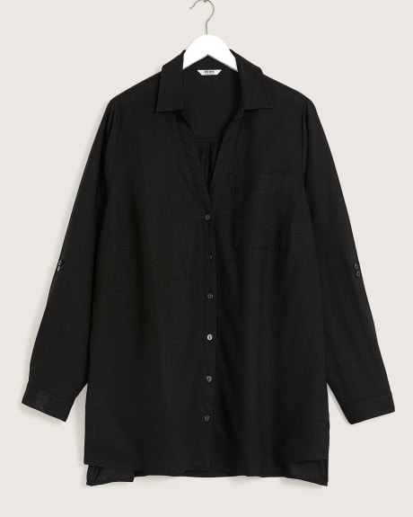 Black Tunic with Roll-Up Sleeves, Linen Blend
