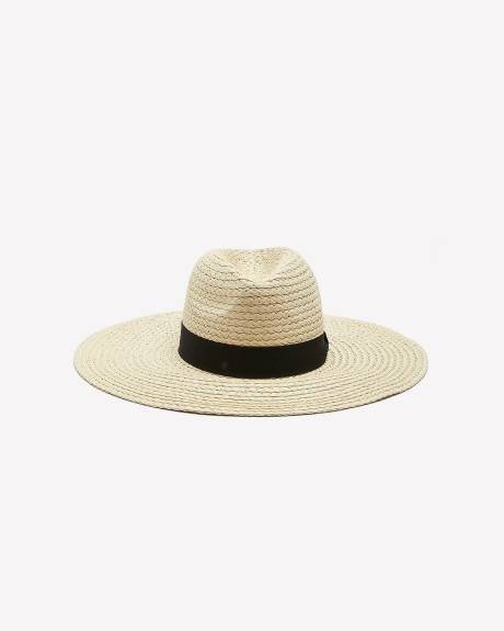 Wide-Rim Straw Hat with Black Grosgrain Tape