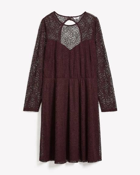Fit and Flare Long-Sleeve Knit Lace Dress
