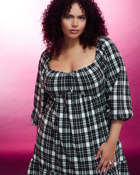 Plaid Tiered Dress with Balloon Sleeves - Addition Elle