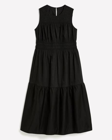 Robe longue sans manches à smocks en popeline