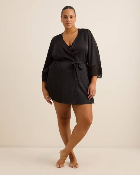 Black Sexy Satin Kimono Robe with Lace Cuffs - Déesse Collection