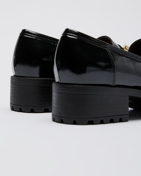 Extra Wide Width, Black Platform Loafer with Belt Ornament