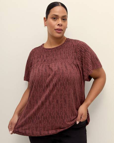 Flutter-Sleeve Knit Top with Smocked Detail