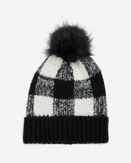Black & White Plaid Beanie with Pom