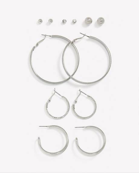 Assorted Hoop and Stud Earrings with Silver Paper Glitter, Set of 6