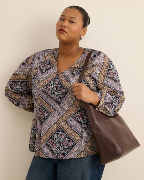 Blouse plissée évasée à manches longues avec motif courtepointe