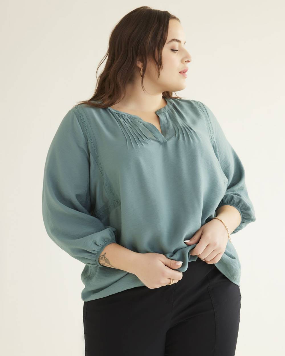 3/4-Sleeve Flowy Blouse with Split Neck