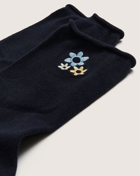Crew Socks, Flower Embroidery