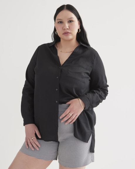 Black Tunic with Roll-Up Sleeves, Linen Blend