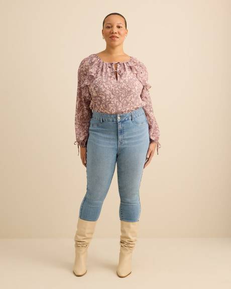 Blouse fleurie &agrave; volant avec cordon - Addition Elle