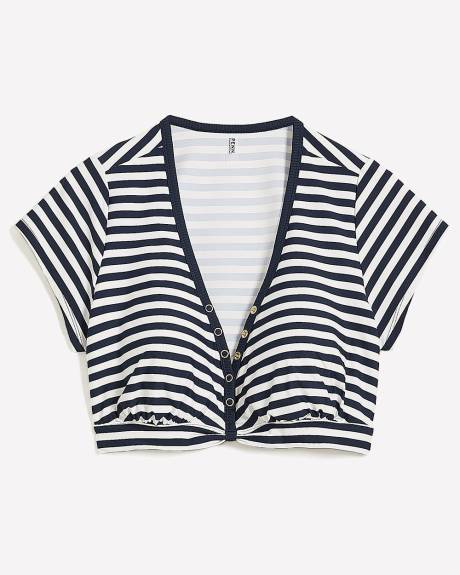 Blue Stripe Cap-Sleeve Longline Bikini Top