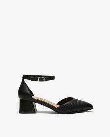 Extra Wide Width, Black Pointed Toe Ankle Strap Block Heel Shoe