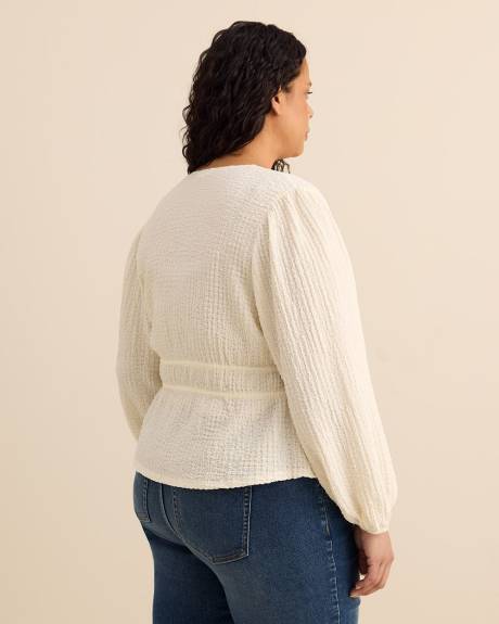 Textured Front-Tie Long-Sleeve Top