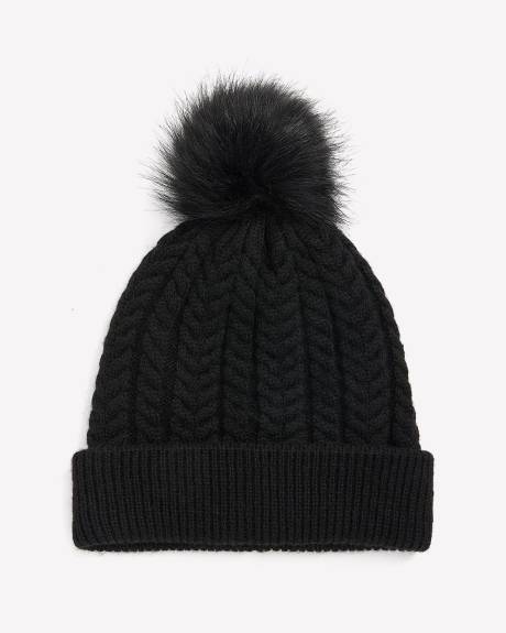 Black Cable Knit Cuff Beanie with Pom