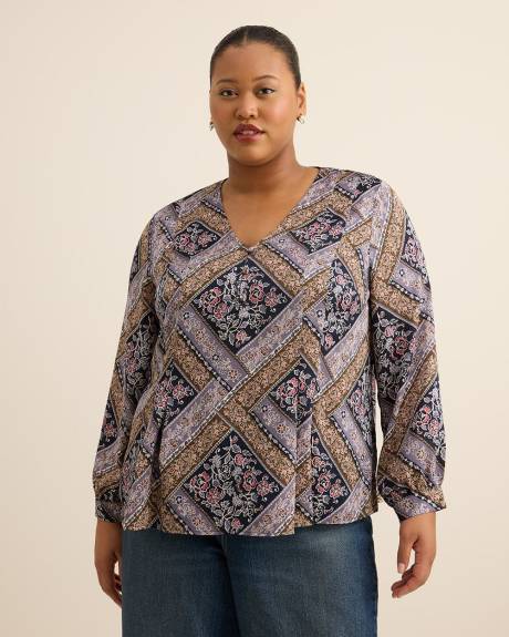 Quilt Patchwork Print Long-Sleeve Flared Pleated Blouse