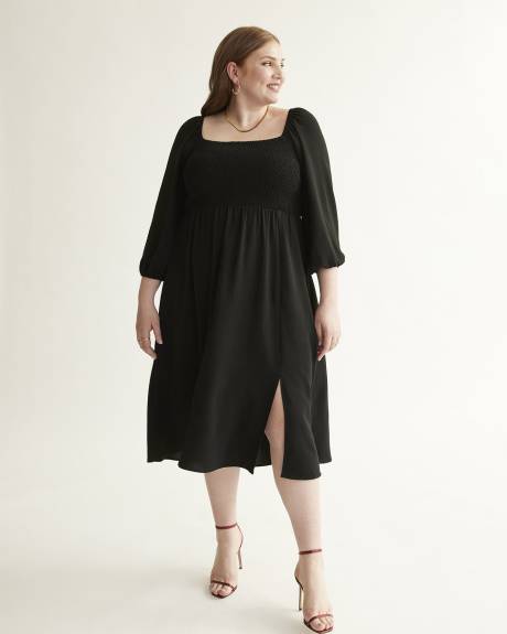 Black Smocked Midi Dress with Balloon Sleeves