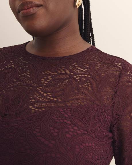 Fit and Flare Long-Sleeve Knit Lace Dress