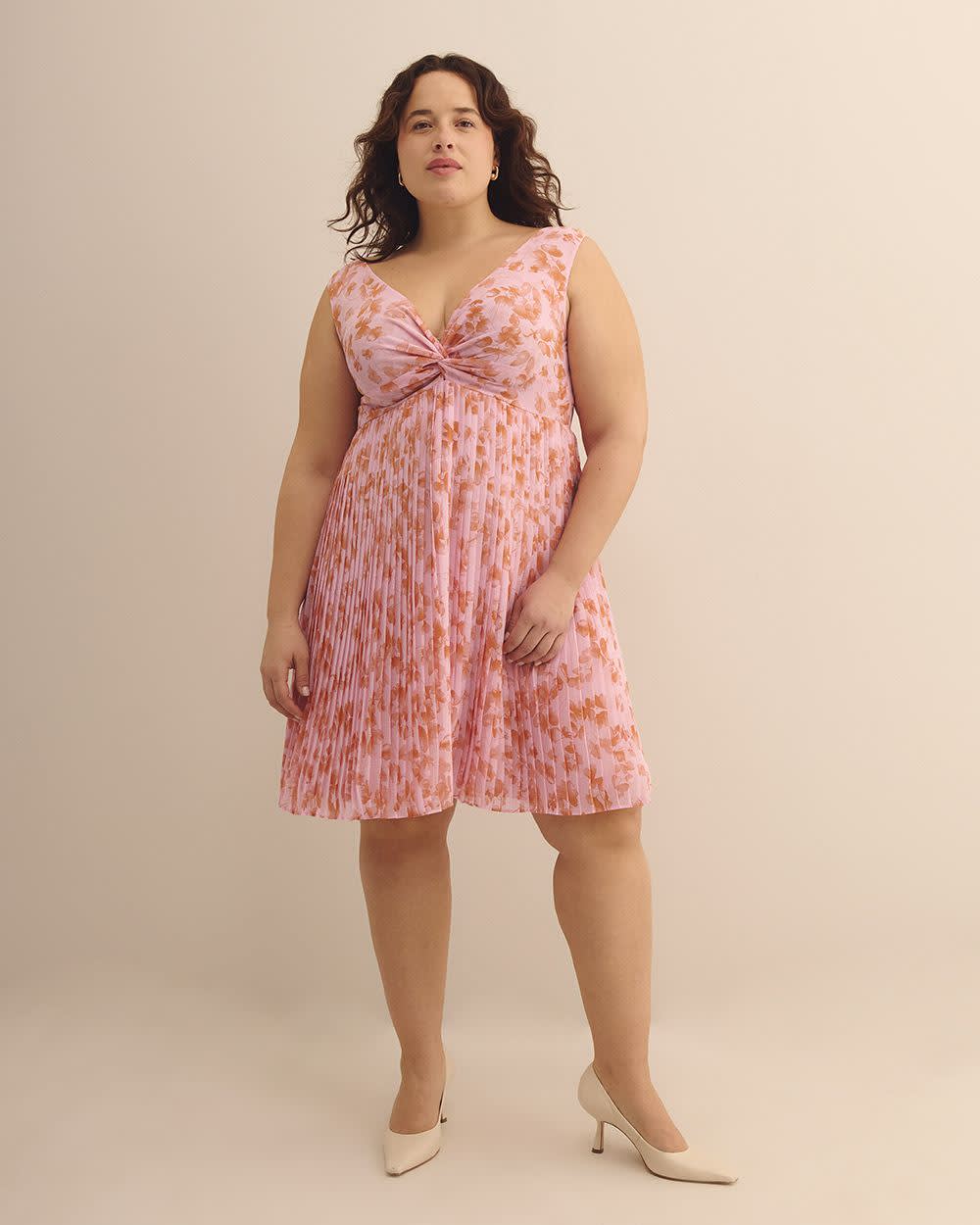 Floral Knotted Sleeveless Dress with Pleated Skirt - Addition Elle