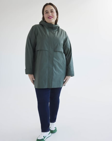 Water-Repellent Hooded Coat with High-Low Hem
