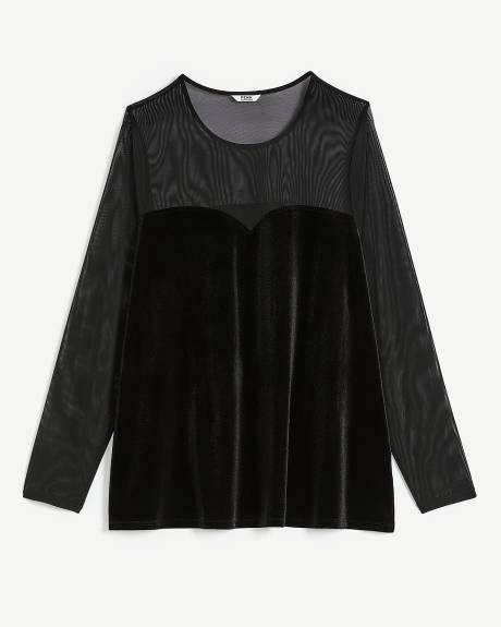 Black Mesh and Velvet Knit Top