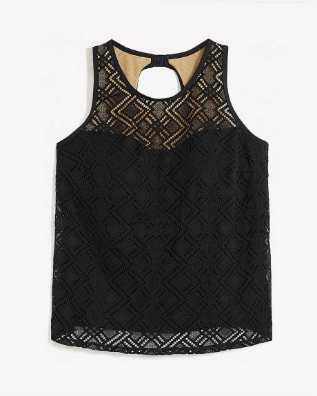 Black Pattern-Mesh Tankini Top