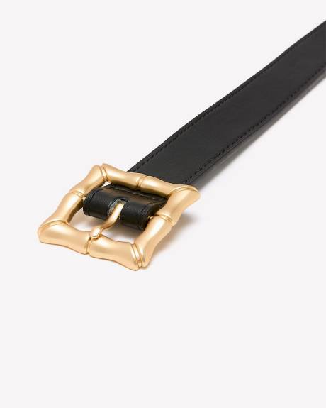 Black Faux Leather Belt with Square Bamboo Buckle