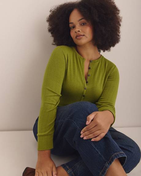 Long-Sleeve Pointelle Ribbed Knit Henley Top