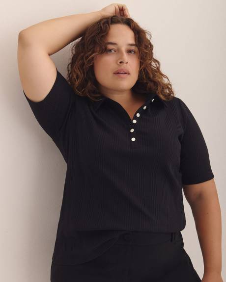 Ribbed Elbow-Sleeve Polo Knit Top