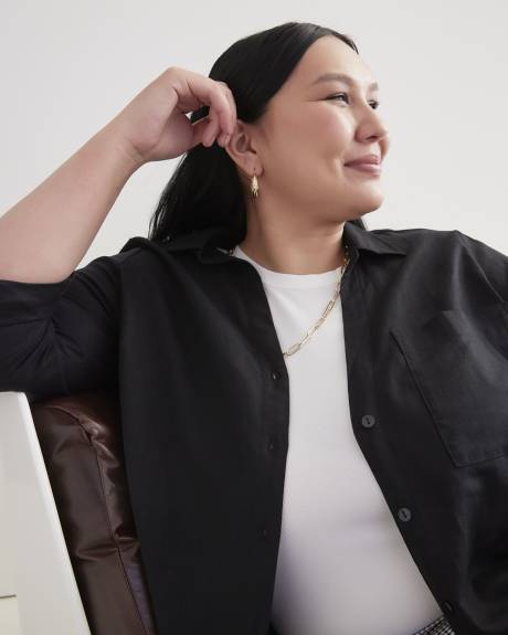 Black Tunic with Roll-Up Sleeves, Linen Blend
