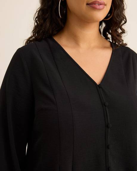 Long-Sleeve Flared Pleated Satin Blouse