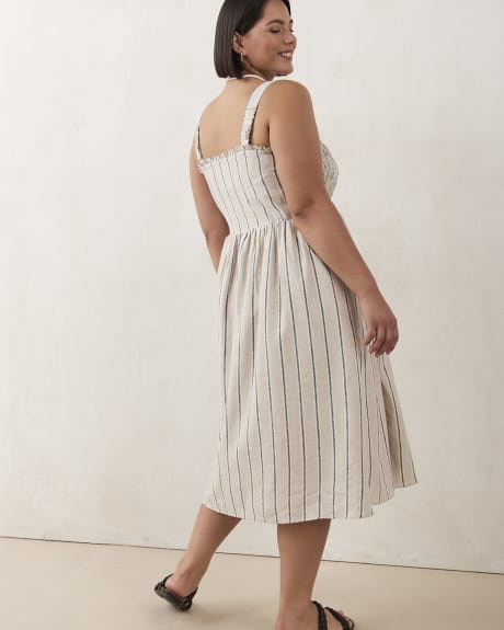 Linen Blend Stripe Dress WIth Smocking Detail