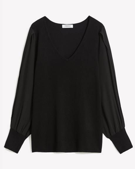 Pull en tricot noir avec manches en chiffon - Addition Elle