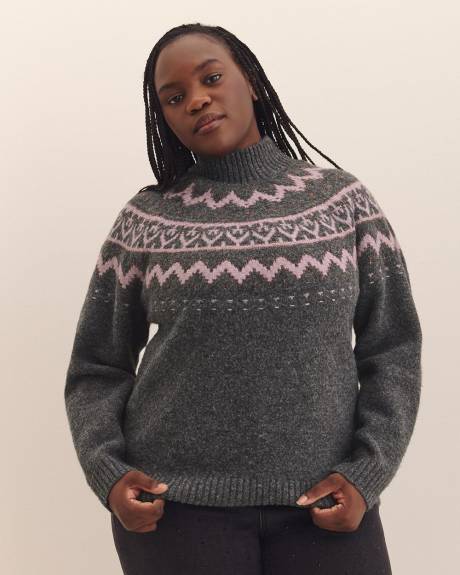 Grey Mock-Neck Sweater with Metallic Fair Isle Print Grey Mock-Neck Sweater with Metallic Fair Isle Print