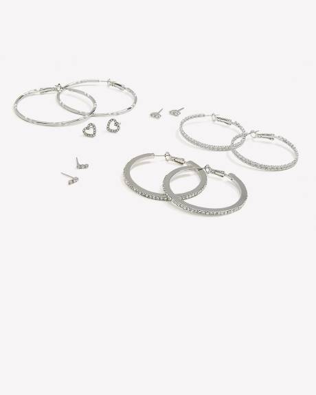 Hoop and Stud Earrings with Rhinestones, Set of 6