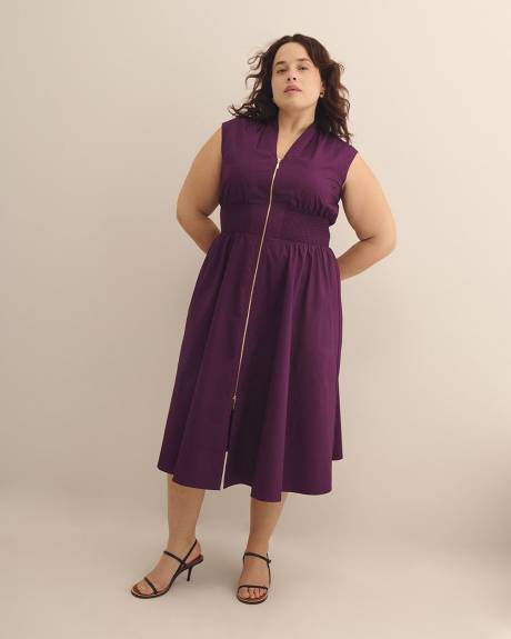 Zippered Midi Cotton Dress with Smocking Waist - Addition Elle