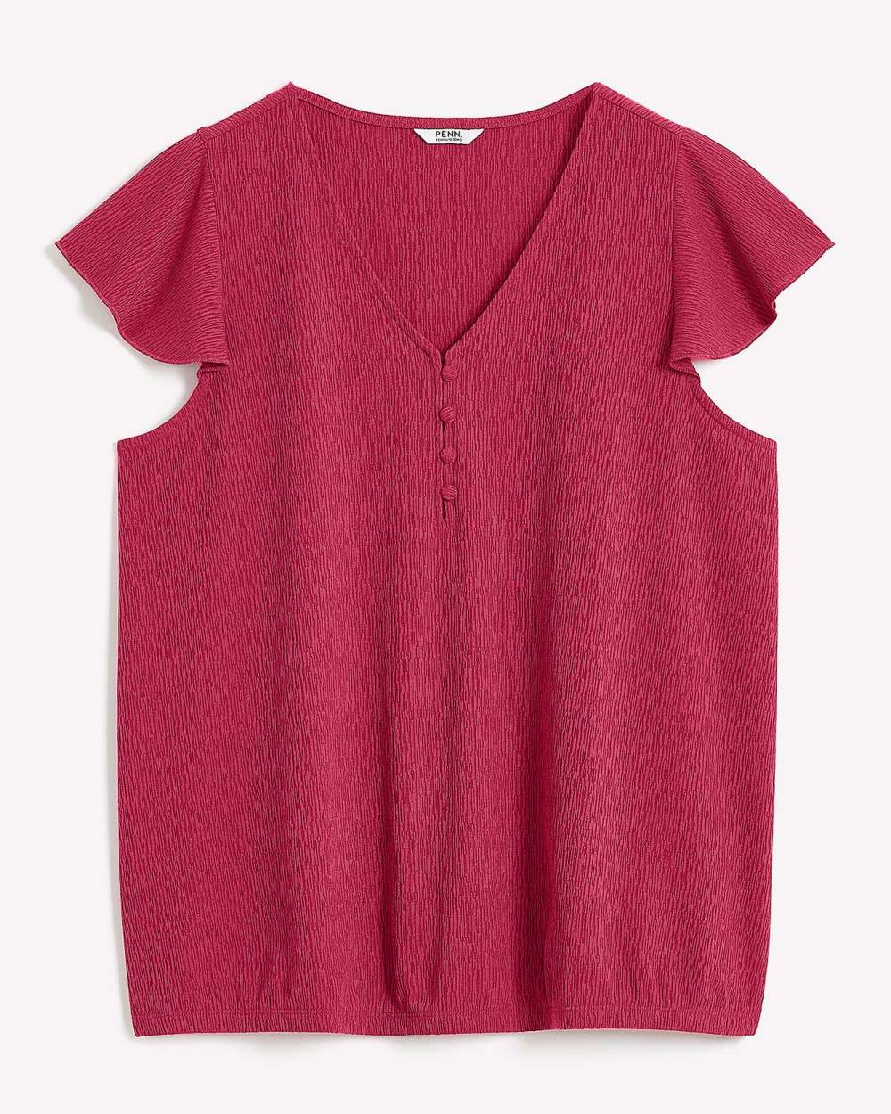 V-Neck Knit Top with Bubble Hem and Flutter Sleeves | Penningtons