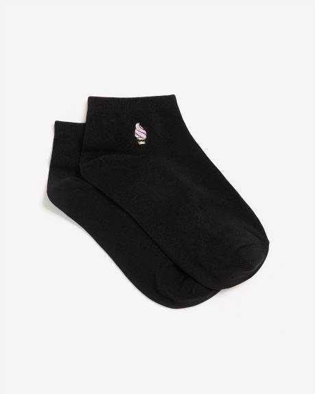Black Ankle Socks with Ice Cream Print
