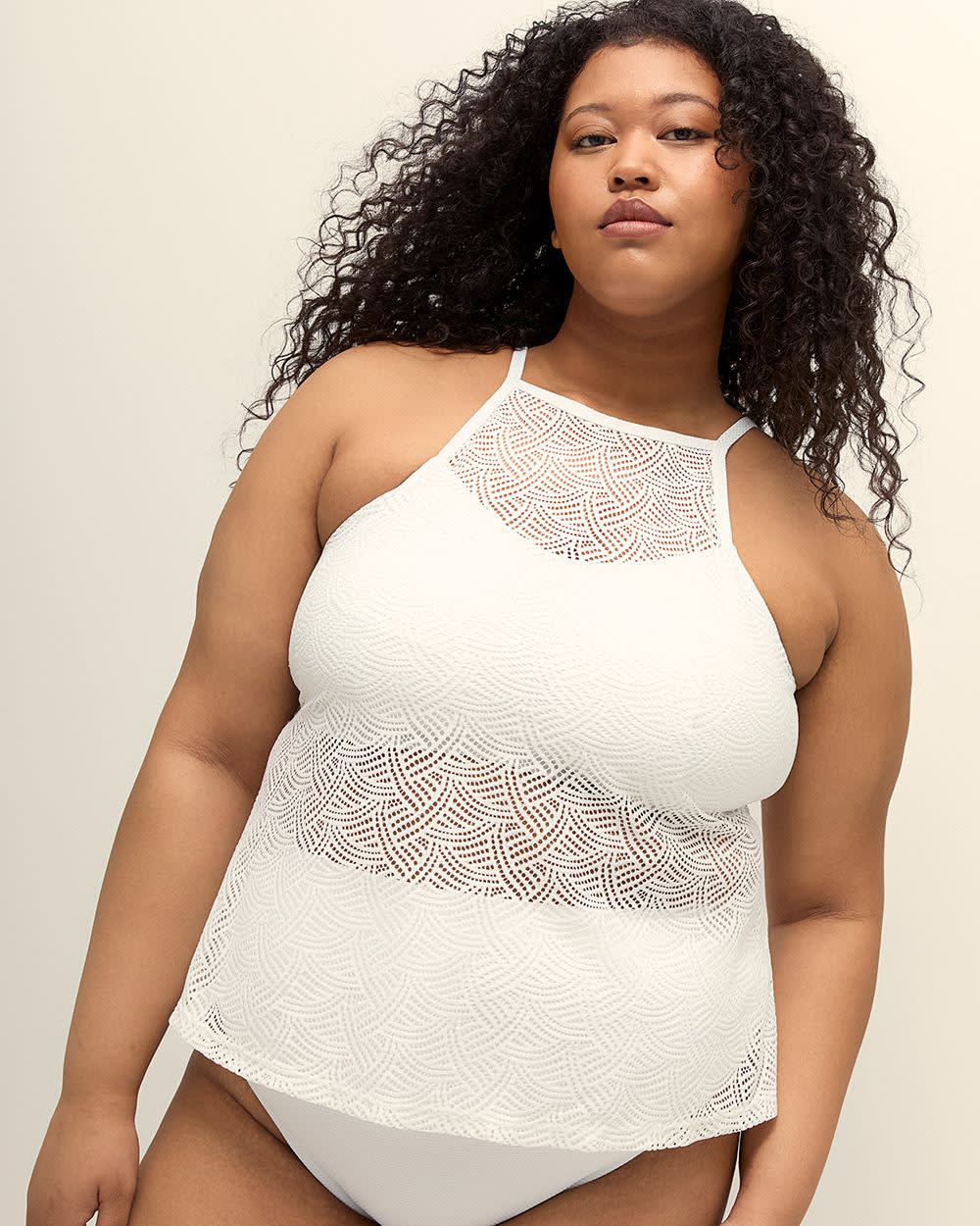 White Halter Textured Lace Tankini Top with Inner Bandeau
